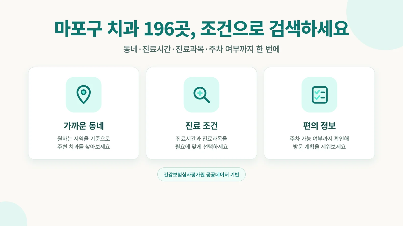 마포구 치과 검색 기능 안내 인포그래픽